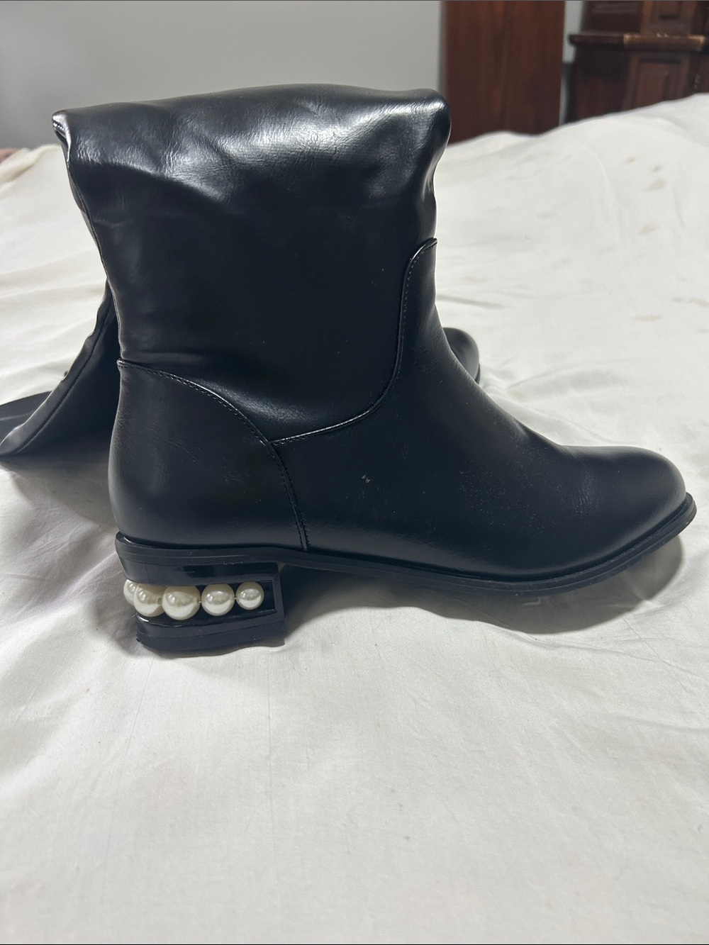 Catherine Malandrino Black Tall Boots with Pearl-Embellished Heel Size 11